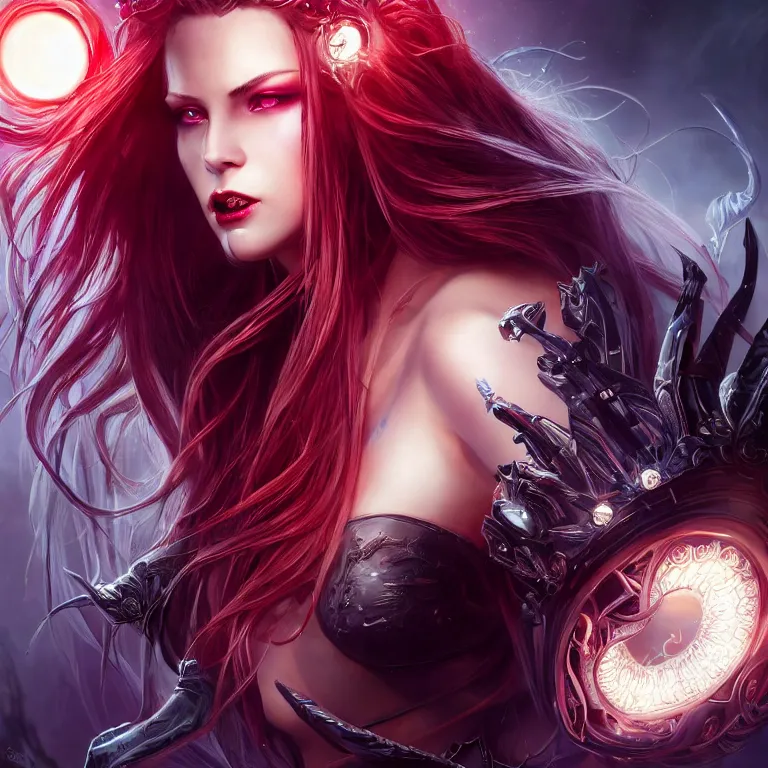 Prompt: beautiful cinematic fantasy poster, beautiful female cyborg vampire wearing a jeweled silver crown with brilliant silver flowing hair, beautiful red glowing eyes, wideshot ultrawide angle epic scale, hybrid from The Elden Ring and art direction by Darius Zawadzki ;by artgerm; wayne reynolds art station; cinematic quality character render; low angle; ultra high quality model; production quality cinema model;