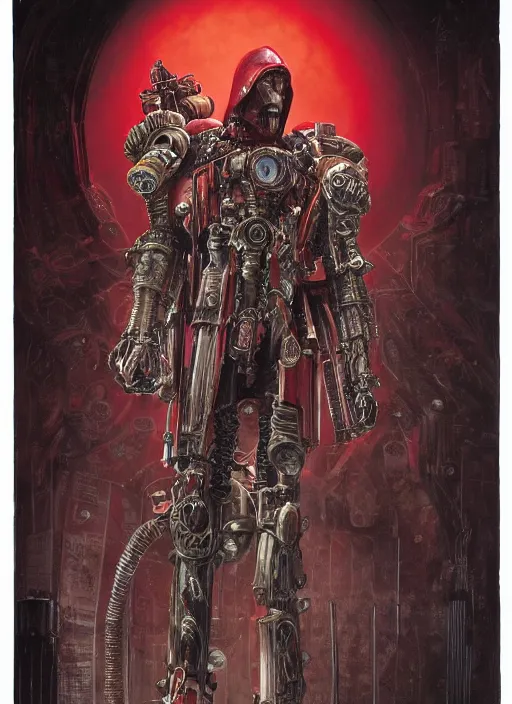 Image similar to portrait of rotten Nicolas Cage as adeptus mechanicus in red hood and robe from Warhammer 40000, mechanical tentacles. Highly detailed, artstation, illustration by and John Blanche and zdislav beksinski and wayne barlowe