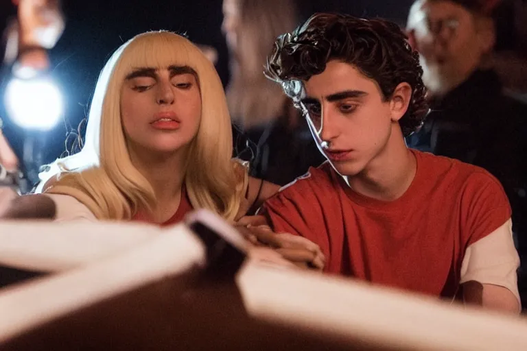 Prompt: lady gaga and timothee chalamet holding hands, red weapon 8 k s 3 5, cooke anamorphic / i lenses, highly detailed, cinematic lighting