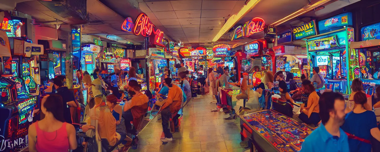 Image similar to A photograph from the 80's of a busy arcade, XF IQ4, 150MP, 50mm, F1.4, ISO 200, 1/160s, natural light