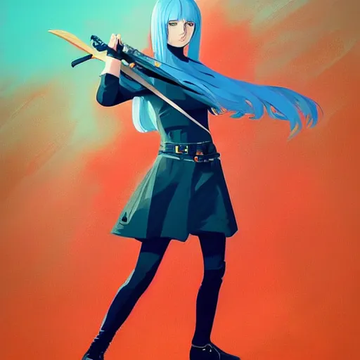 Prompt: ilya kuvshinov with long hair, sky blue hair, hazel eyes, boyish face, wielding a sword and shield, professional digital painting, concept art, award - winning photography, cinematic, forest background, awe, regal, wlop, art by andy warhol, pixiv art, yoshitaka amano