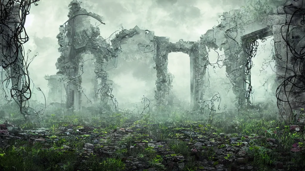 Prompt: an apocalyptic ruins, flowery, vines, foggy, eerie, scary, digital art