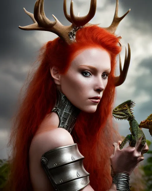 Image similar to 5 5 mm portrait photo of an armored redhead woman with antlers and a an iguana sitting on her shoulder by luis royo. highly detailed 8 k. intricate. lifelike. soft light. nikon d 8 5 0. cinematic post - processing