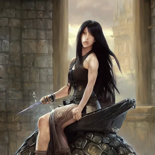 Prompt: a painting of tifa from final fantasy 7 in kings landing from game of thrones, sitting majestic on the iron throne, by greg rutkowski, artgerm, wlop, ruan jia, krenz cushart, alphonse mucha, marble, gold, unreal engine 5