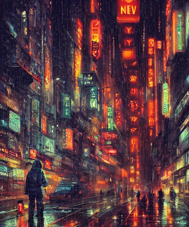 Image similar to insane perspective of street upvue from neo tokyo with a big red robot waiting,, humid ground, artstation, art by françois schuiten, disney fantasy style, blade runner rainy mood, people and creatures walking holding neon ombrellas, volumetric light, neon lights, bokeh light from top, science fiction elements, lampposts, rainy mood