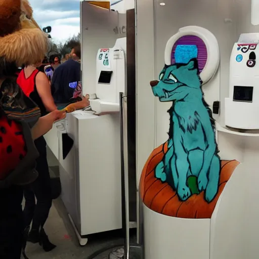 Prompt: Many furries lined up to use the art-dispensing machine.