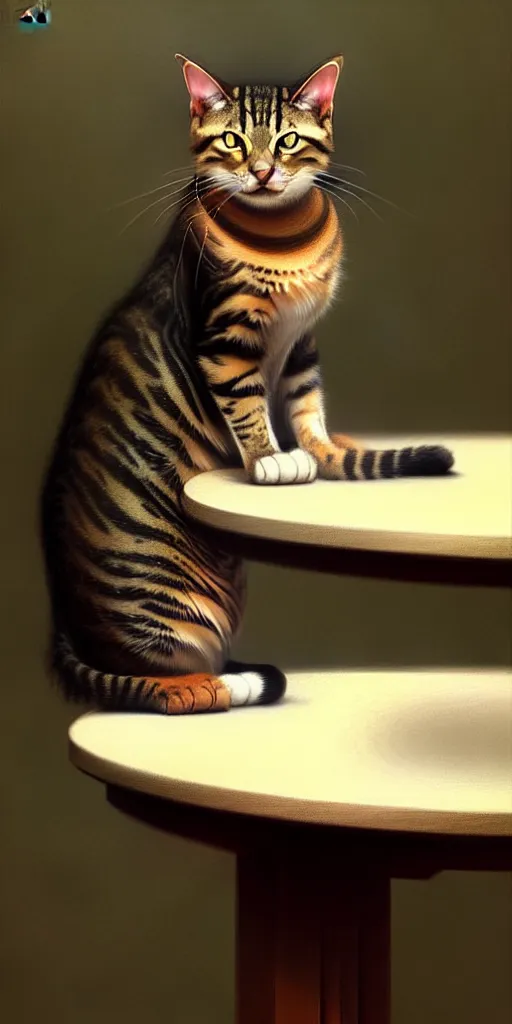 Prompt: a tabby cat, sitting on a table, concept art, intricate, digital realistic painting, smooth, sharp focus, illustration, from Metal Gear, by Ruan Jia and Mandy Jurgens and William-Adolphe Bouguereau, Artgerm,