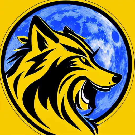 Prompt: a nice beautiful e-sports logo of a howling wolf with full moon, svg vector, blue and yellow, flat colors