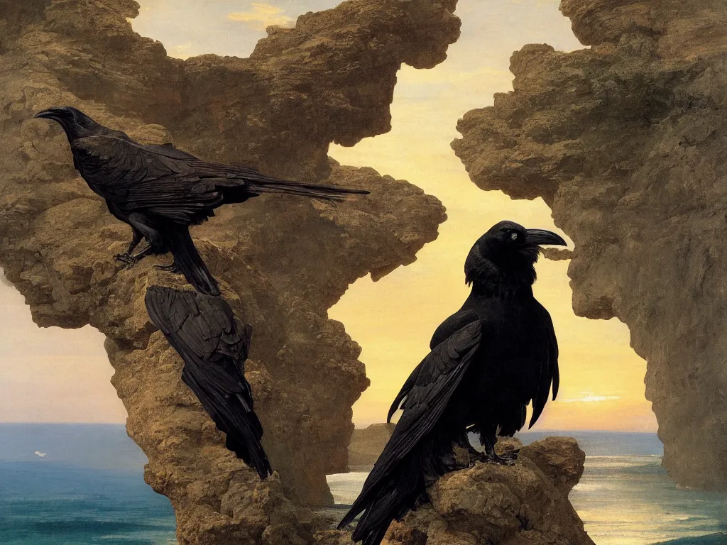 Image similar to a breathtakingly stunningly beautifully highly detailed close up portrait of a raven under a rock arch, epic coves crashing waves plants, beautiful clear harmonious composition, dynamically shot, wonderful strikingly beautiful serene sunset, detailed organic textures, by frederic leighton and rosetti and turner and eugene von guerard, 4 k