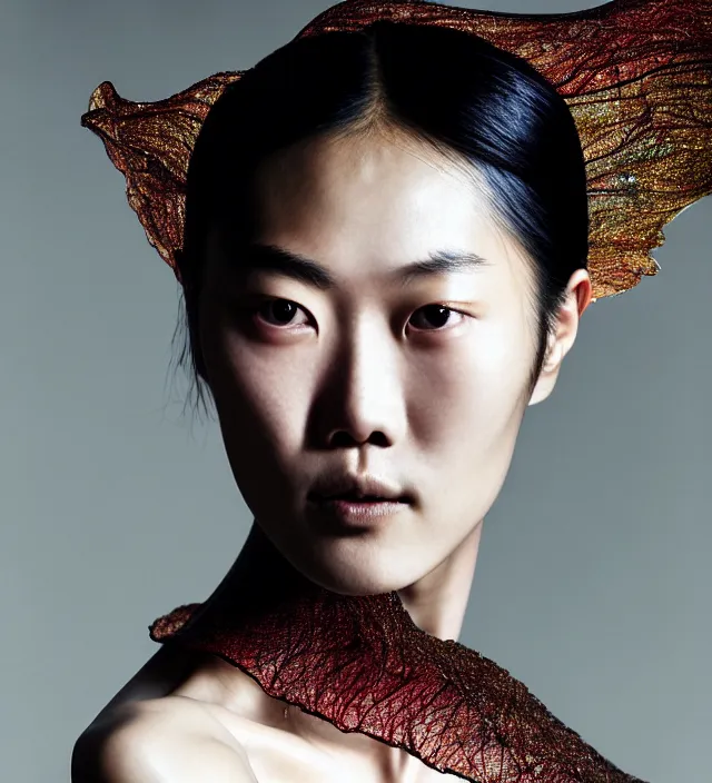 Image similar to photography facial portrait of liu wen, natural background, sensual lighting, natural fragile pose, wearing stunning cape by iris van herpen, with a colorfull makeup. highly detailed, skin grain detail, photography by paolo roversi, nick knight, helmut newton, avedon, araki