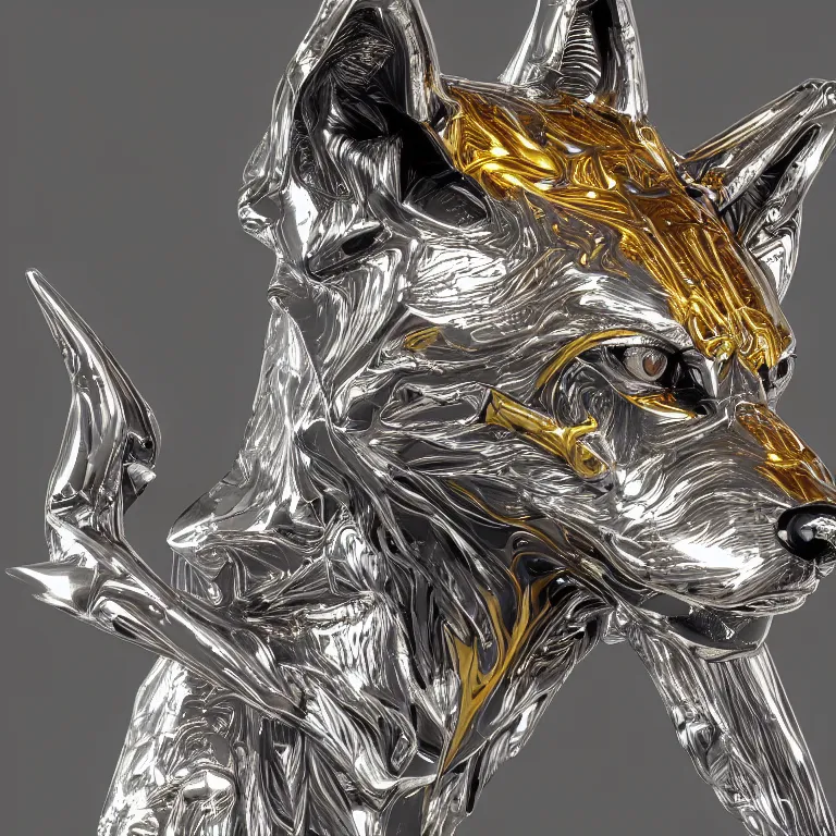 Image similar to chrome and gold wolf, glossy, metallic, neon, symmetrical, tribal patterns, realistic, unreal engine, octane, redshift, artstation, behance