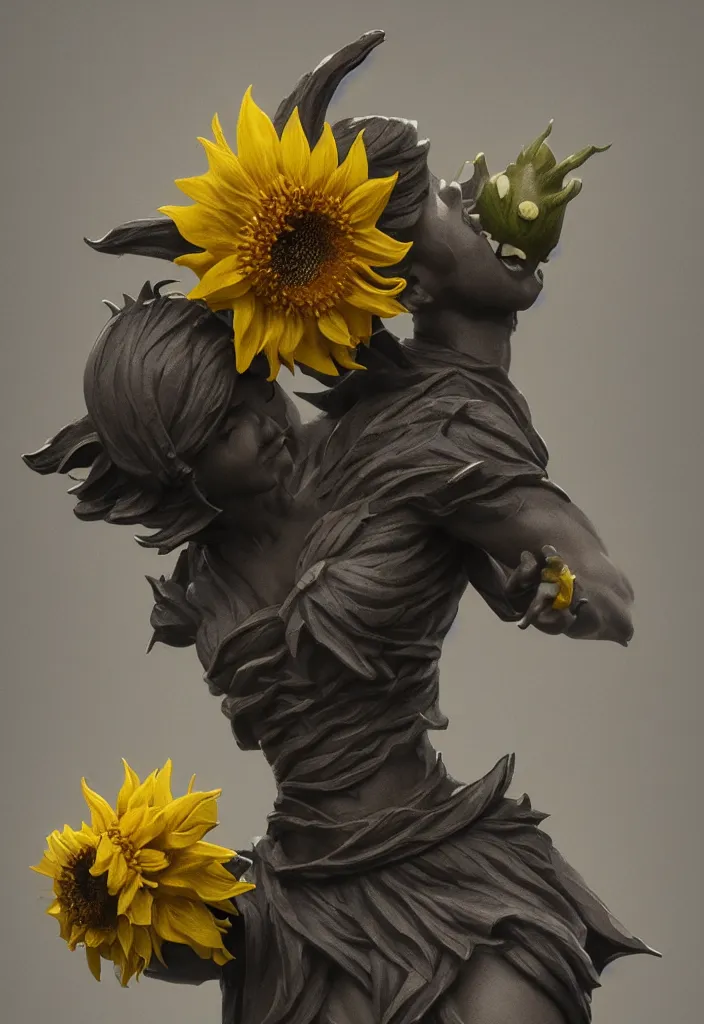 Image similar to a small hybrid sunflower statue by greg rutkowski, sung choi, mitchell mohrhauser, maciej kuciara, johnson ting, maxim verehin, peter konig, 8 k photorealistic, cinematic lighting, hd, high details, dramatic, atmosphereric, trending on artstation