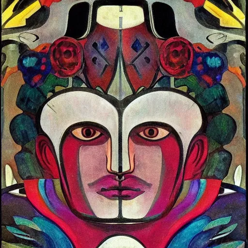 Image similar to head of a beautiful boy wearing a mask made of metal flowers, by diego rivera and john watkiss, art deco shaman, stylized flowers, art brut, symbolist, dramatic lighting, god rays, iridescent beetles, clean crisp graphics, smooth sharp focus, extremely detailed