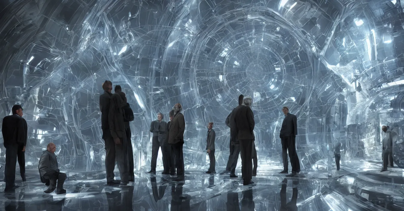 Prompt: realistic imagination from scifi movie with portrait of old scientists standing in front of glass refractive statue of big tesseract, in small room, difractions of light, full of reflections, volumetric light, dramatic atmosphere, cinematic composition, satisfied pose, deep depth, defocus, rendered in vray, raytracing, raymarching