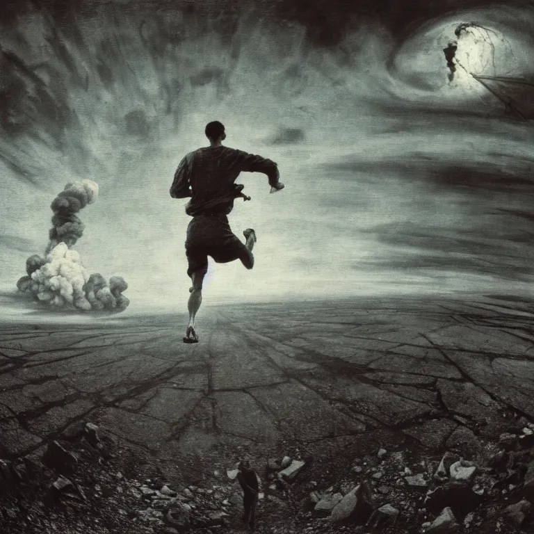 Prompt: man running away from atomic bomb explosion, selfie gopro footage by hieronymus bosch, action footage, disposable camera, fisheye, landscape portrait surreal painting, perfect composition, beautiful detailed intricate octane render, artstation, 8 k, photorealistic, volumetric cinematic light, chiaroscuro, masterpiece, raphael, bosch, caravaggio, beksinski, giger