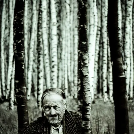 Prompt: photograph of an old man in a birch forest, medium format, shallow depth of field, tarkovsky