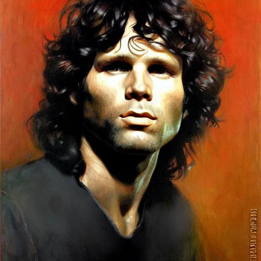 Prompt: portrait of jim morrison, detailed face, detailed painting, epic lighting, by ilya repin, phil hale and kent williams