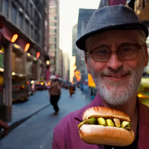 Image similar to closeup portrait of a shady snake oil salesman selling hotdogs in a smoky new york back street, by Annie Leibovitz and Steve McCurry, natural light, detailed face, CANON Eos C300, ƒ1.8, 35mm, 8K, medium-format print