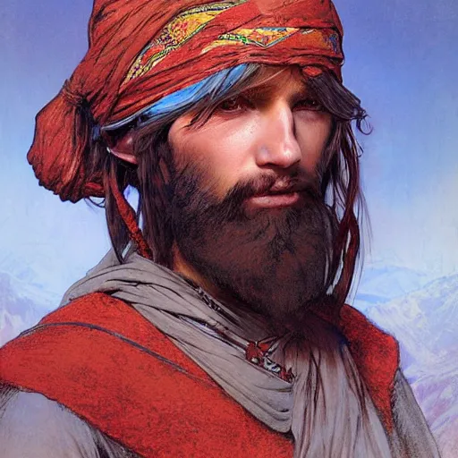 Image similar to ezra the elven desert bandit. Red turban. Epic portrait by james gurney and Alfonso mucha (lotr, witcher 3, dnd).