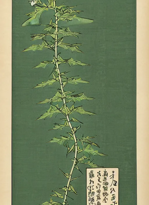 Prompt: fantasy scientific botanical illustration of a green leafy plant that grows on top of waterfalls ,Ukiyo-e