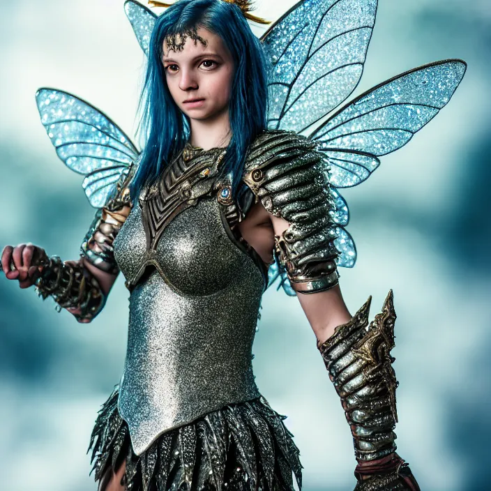 Image similar to full body photo of a fairy warrior wearing sparkly armour, highly detailed, 4 k, hdr, smooth, sharp focus, high resolution, award - winning photo