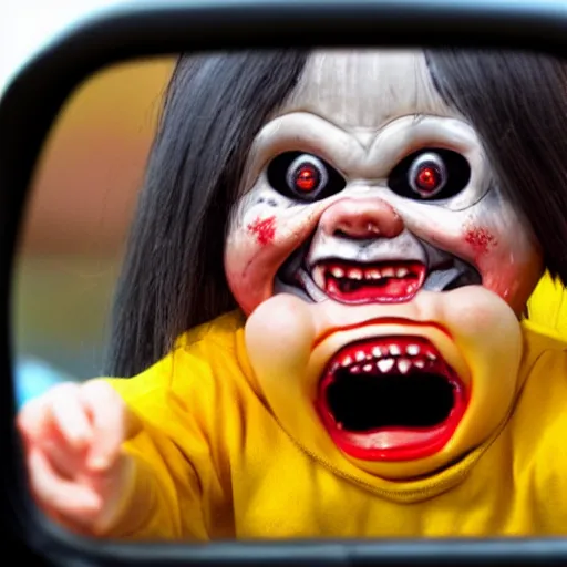 Image similar to a screaming chucky doll in rear view mirror