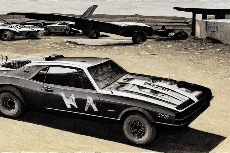 Prompt: illustration of mad max's pursuit special, the last v 8 interceptor, grant wood, pj crook, edward hopper