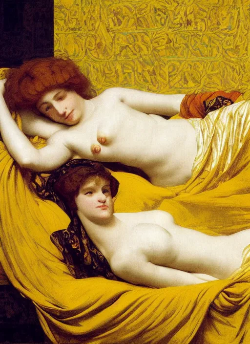 Image similar to masterpiece portrait of lady reclining on bed wearing yellow ochre ornate medieval dress, foreshortening, colour photography by frederic leighton, william morris, 8 k