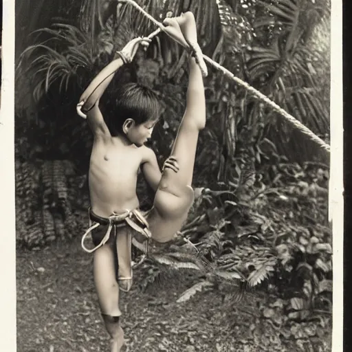 Prompt: A photograph of a young boy swinging from a lian wearing a Loincloth, ragged shirt in a rain forest