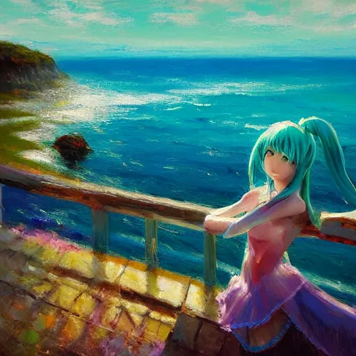 Prompt: Beautiful abstract impressionist painting of Hatsune Miku on a cliff looking calmly at the sea, hatsune miku official artwork, danbooru, oil painting by Antoine Blanchard, wide strokes, pastel colors, soft lighting sold at an auction