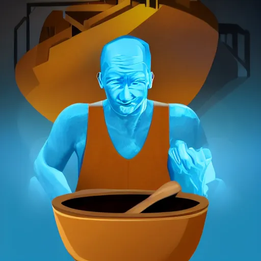 Image similar to poster of a man eating blue cyan soup from a wooden bowl, award winning, trending on artstation, unreal engine