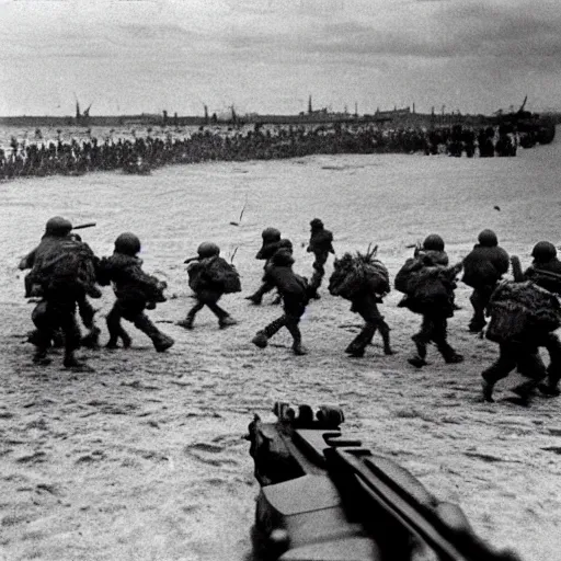 Prompt: first person view of the battle of d - day at normandy beach