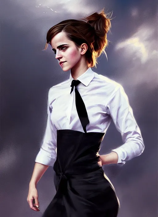 Image similar to a ultradetailed beautiful panting of emma watson wearing a stylish shirt with a tie, she has black hair, dancing, beautiful face, background explosion, by jesper ejsing, ilya kuvshinov, greg rutkowski on artstation