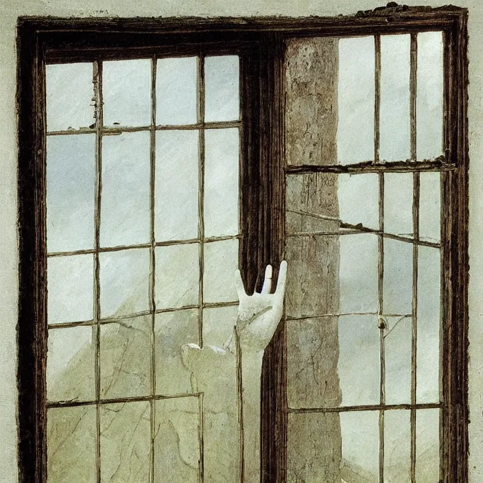 Prompt: painting of a broken window with the bloody hand of a female ghost by caspar david friedrich