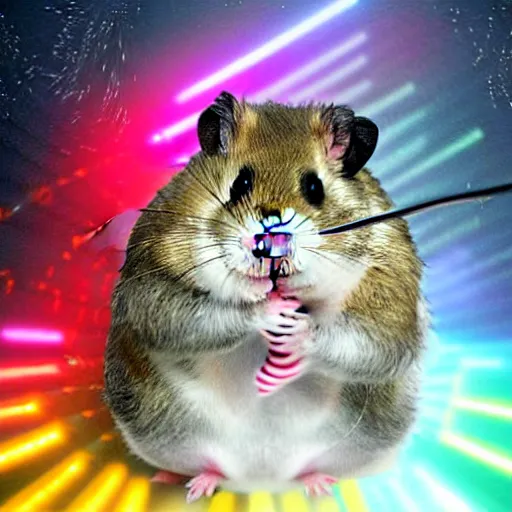 Image similar to evil hamster as the villain in a james bond film with head mounted laser cannons, digital art