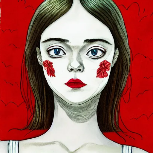 Image similar to professional painting of Elle Fanning in the style of Junji Ito’s Tomie, head and shoulders portrait, symmetrical facial features, smooth, sharp focus, illustration, intricate, stormy weather, extremely detailed masterpiece,