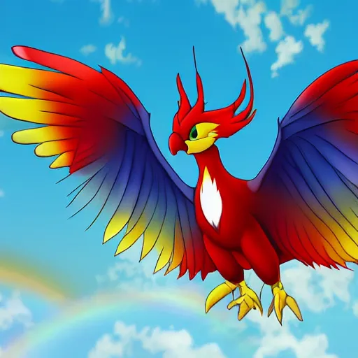 Prompt: ho - oh photorealistic flying over a rainbow