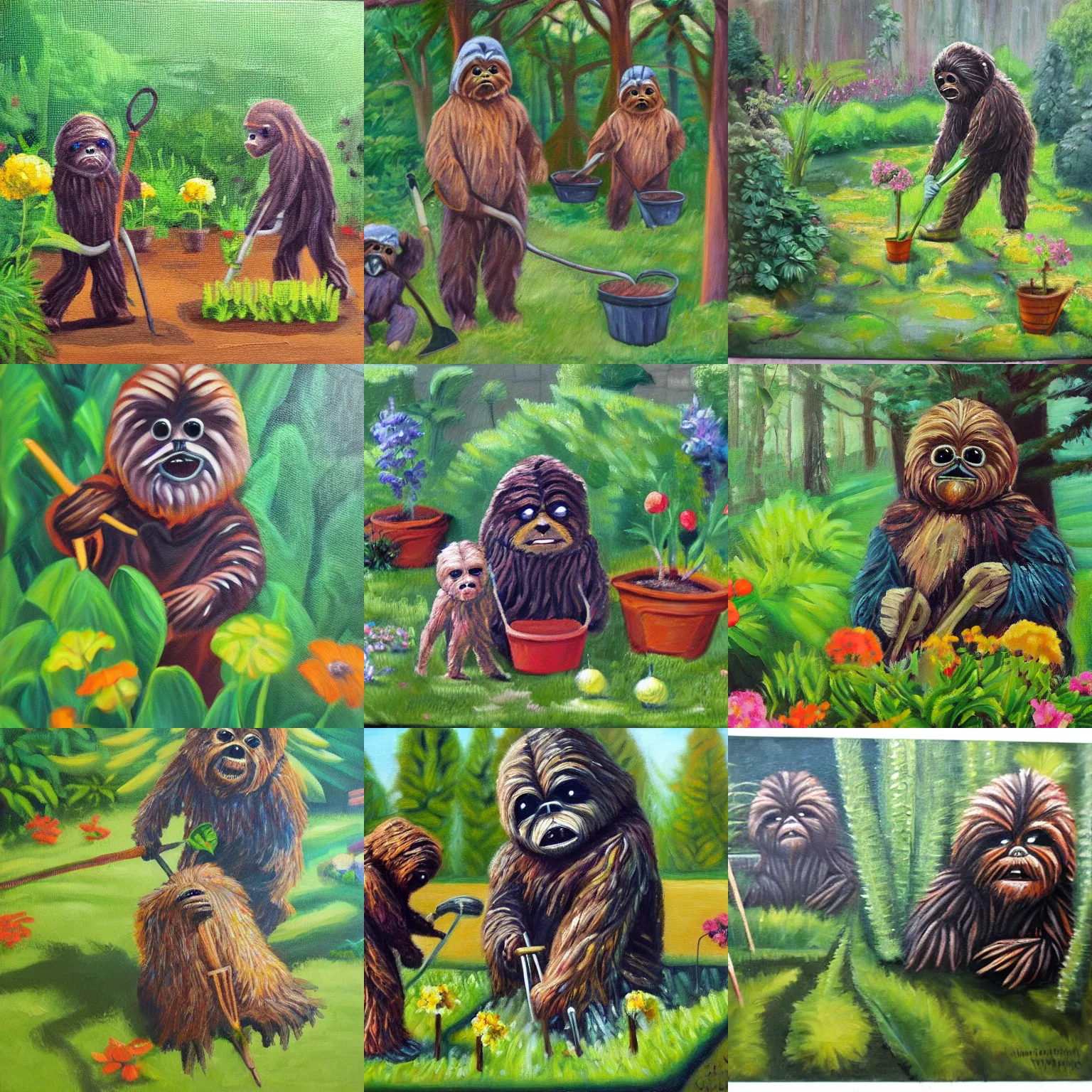 Prompt: oil painting of ewoks gardening