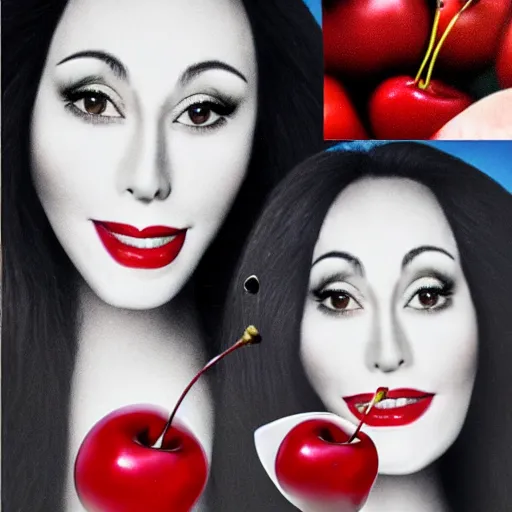 Image similar to the red fruit cherry, collage with the face of cher on it