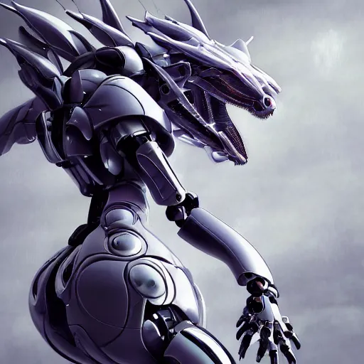 Prompt: a highly detailed close-up from hips-up, of an awe-inspiring beautiful majestic anthropomorphic humanoid robotic mecha female dragon, with smooth and streamlined armor, standing and posing elegantly, well detailed high quality head with LED eyes, sharp and dangerous sleek design, two arms, two legs, long tail, digital art, artstation, DeviantArt, FurAffinity, professional, octane render, sunset lighting