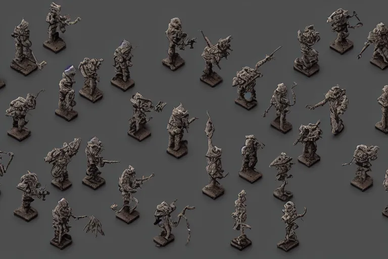 Image similar to isometric ghost warriors, dark landscape, by dan mumford and by alberto giacometti, peter lindbergh, malevich, william stout, zbrush