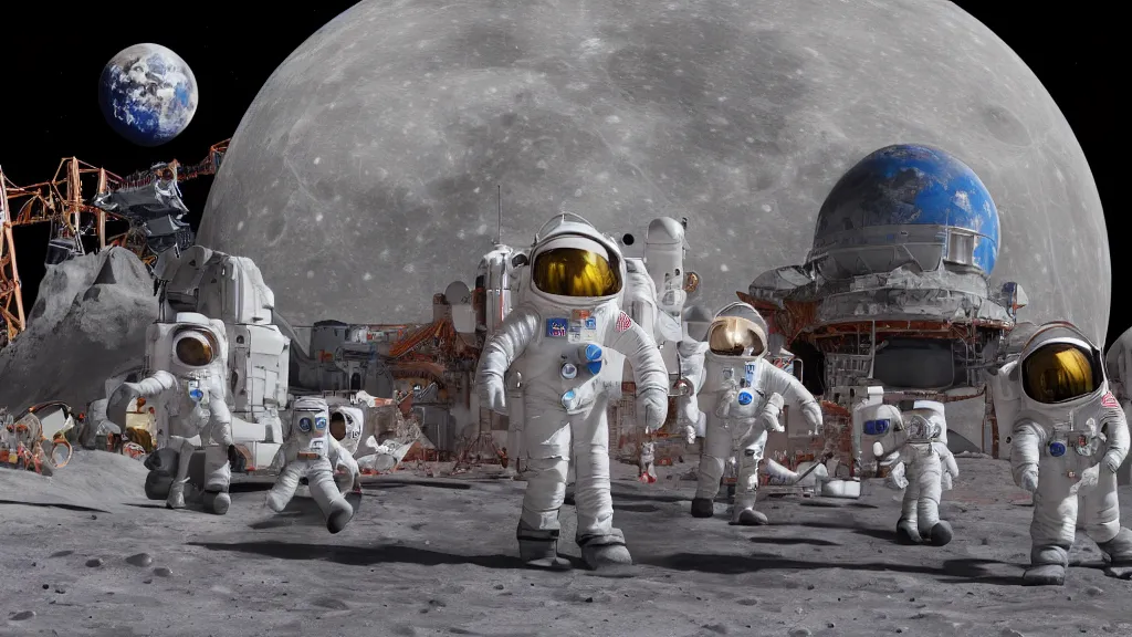 Image similar to disney world on the moon, photorealistic, 8 k, extreme detail, rendered in octane, rendered in arnold, rendered in vray, created in unreal engine 5, crowds of people in space suits in line to ride the bounce machine