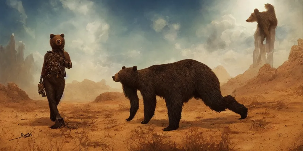 Prompt: a stunning hyperrealistic bear from the movie Annilihation walking through an arid minimalistic desert with harsh noon sunlight with an oasis in the background, award-winning, masterpiece, in the style of Tom Bagshaw, Cedric Peyravernay, Peter Mohrbacher