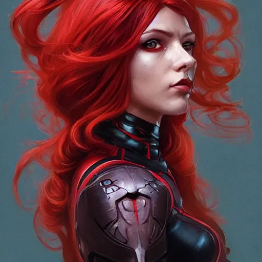 Image similar to portrait of a girl wearing deadpool costumes, upper body, red hair, long hair, d & d, fantasy, fierce, sharp features, intricate, elegant, highly detailed, digital painting, artstation, concept art, matte, sharp focus, illustration, art by artgerm and greg rutkowski and alphonse mucha