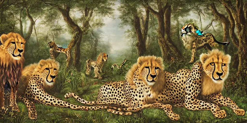 Image similar to cheetah and lion in front of birthday table in fairytale forest , huge scale, high detail, intricate by Jonathan Bentley