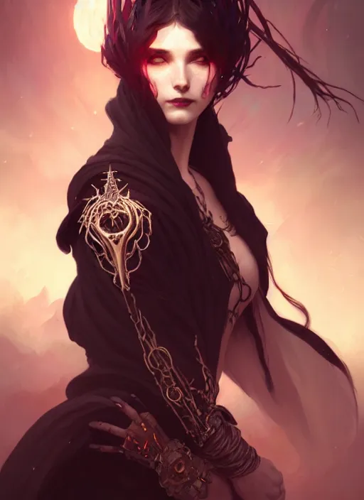 Image similar to Necromancer Sorceress, fantasy magic, undercut hairstyle, dark light night, intricate, elegant, sharp focus, illustration, highly detailed, digital painting, concept art, matte, art by WLOP and Artgerm and Greg Rutkowski and Alphonse Mucha, masterpiece