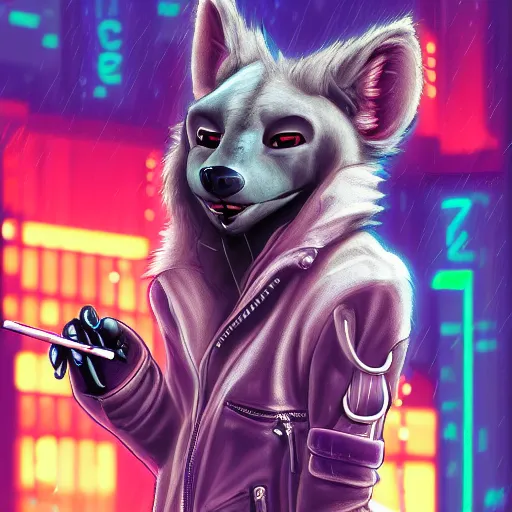 Image similar to digital painting of anthromorphic hyena female smoking cigarrete, fursona, furry fandom, furaffinity, neon rainy cyberpunk setting, anthro, wearing cyberpunk leather jacket, detailed face, blade runner, zootopia style,