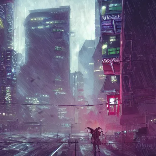 Image similar to A dark painting of a cyberpunk city infested with giant pigeons, trending on art station