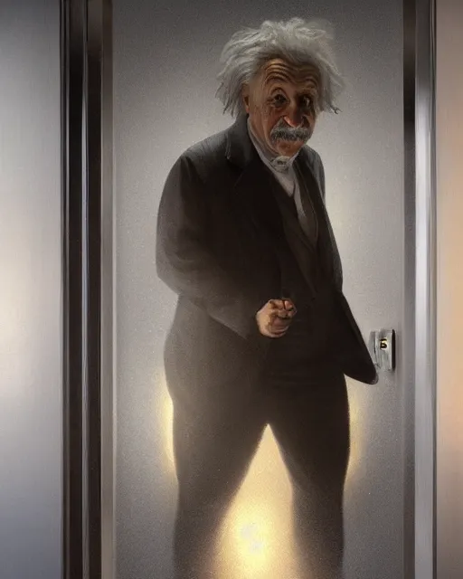 Image similar to Einstein in a elevator painted by István Sándorfi volumetric lighting, back lighting, rimlight, dramatic lighting, digital painting, highly detailed, artstation, sharp focus, illustration, Artgerm, Jean-Léon Gérôme , ruan jia