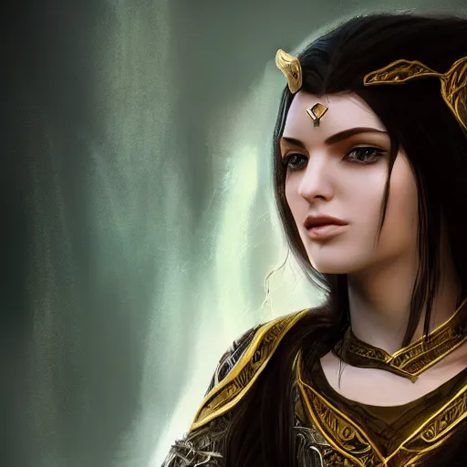 Image similar to beautiful female cleric with long black hair and a golden eye, focus on face, jewellery, fantasy, medieval, still, photograph, highly detailed, cinematic, dramatic, dynamic lighting, award winning, masterpiece, trending on artstation